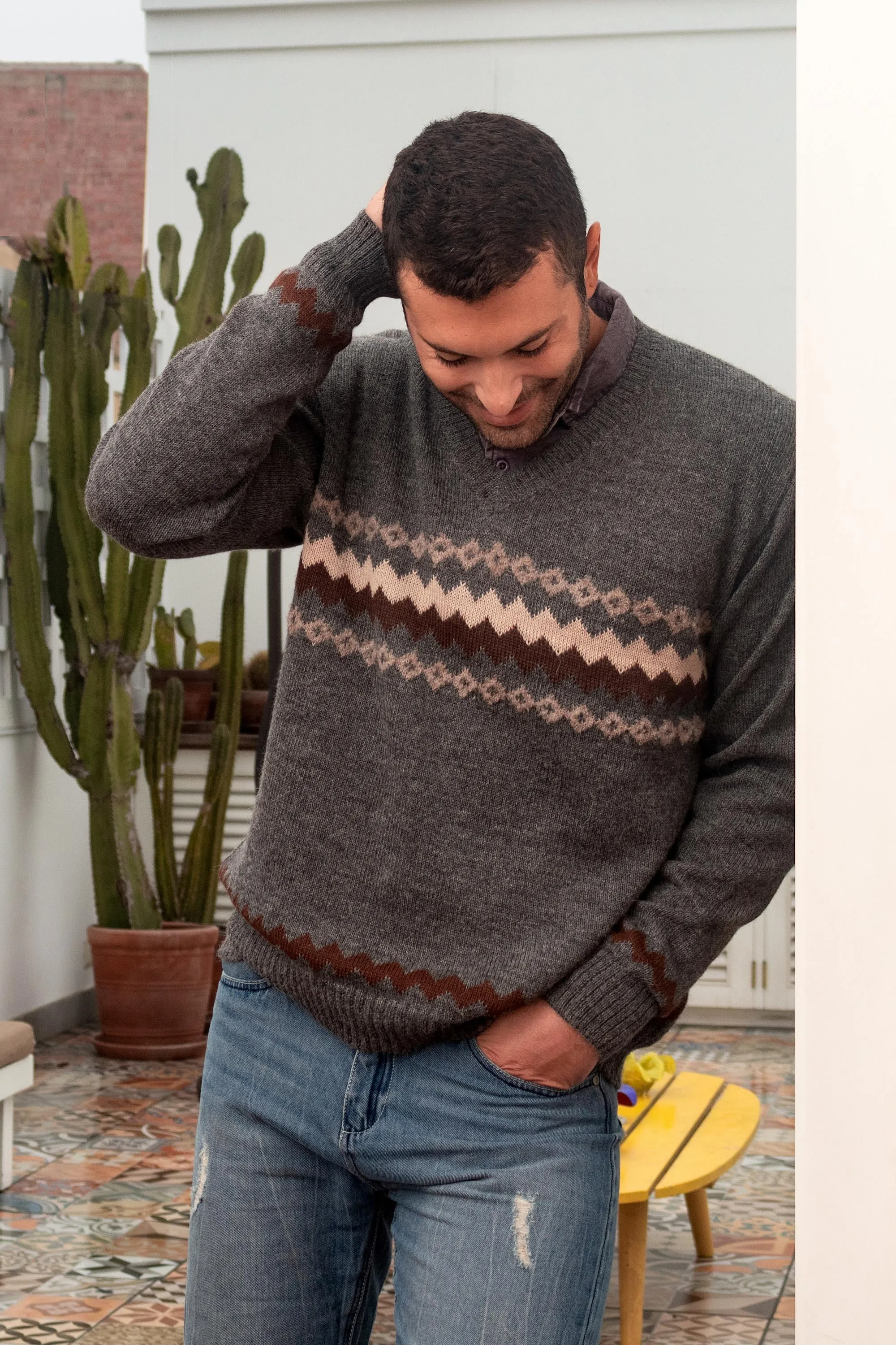 100% Alpaca Dark Grey Men's Pullover Sweater from Peru - Andes Grey | NOVICA