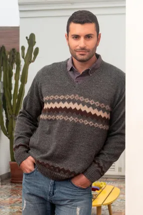 100% Alpaca Dark Grey Men's Pullover Sweater from Peru - Andes Grey | NOVICA