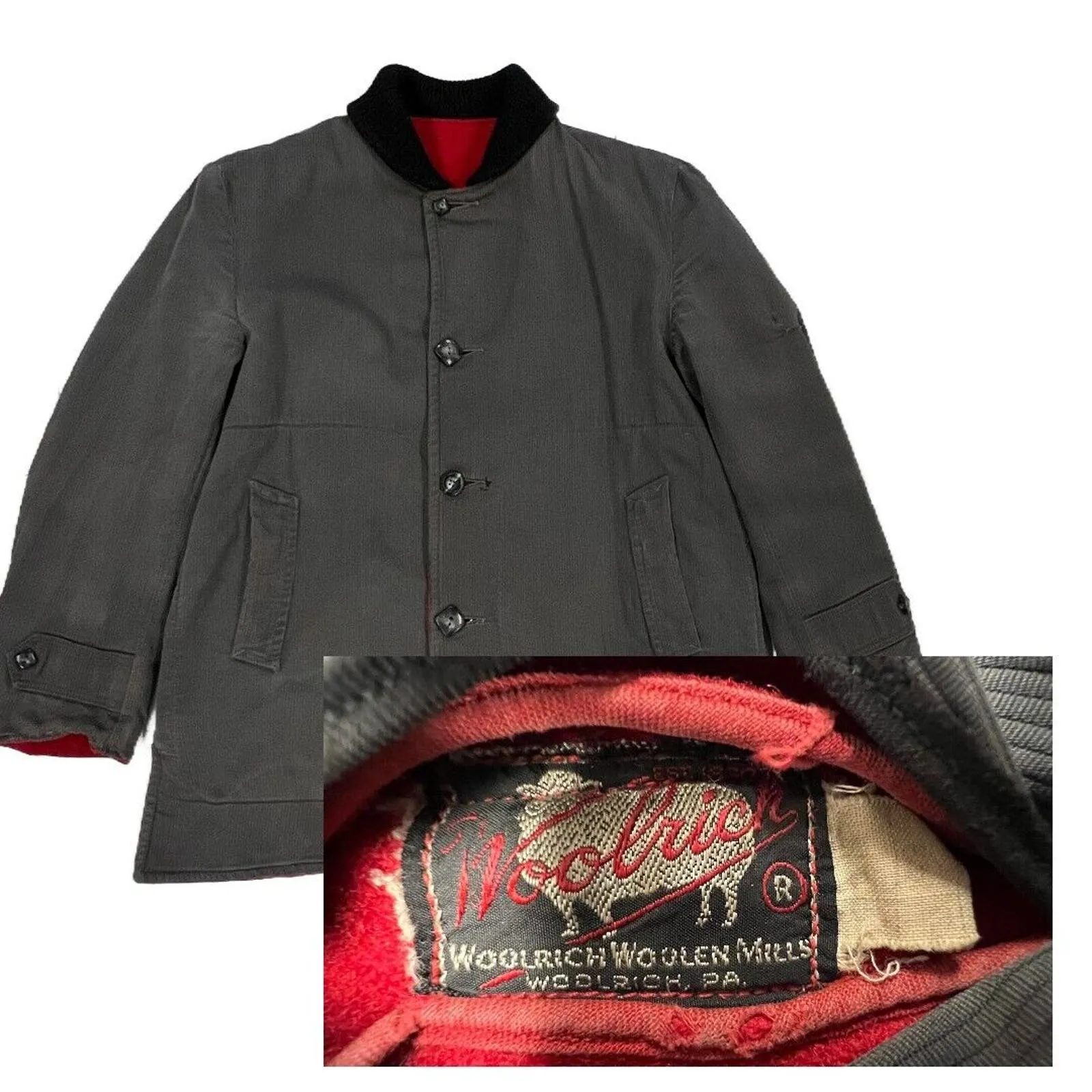 1950s VTG WOOLRICH COAT jacket RARE Car Coat Gray Cord/Reversible Red Wool M/L
