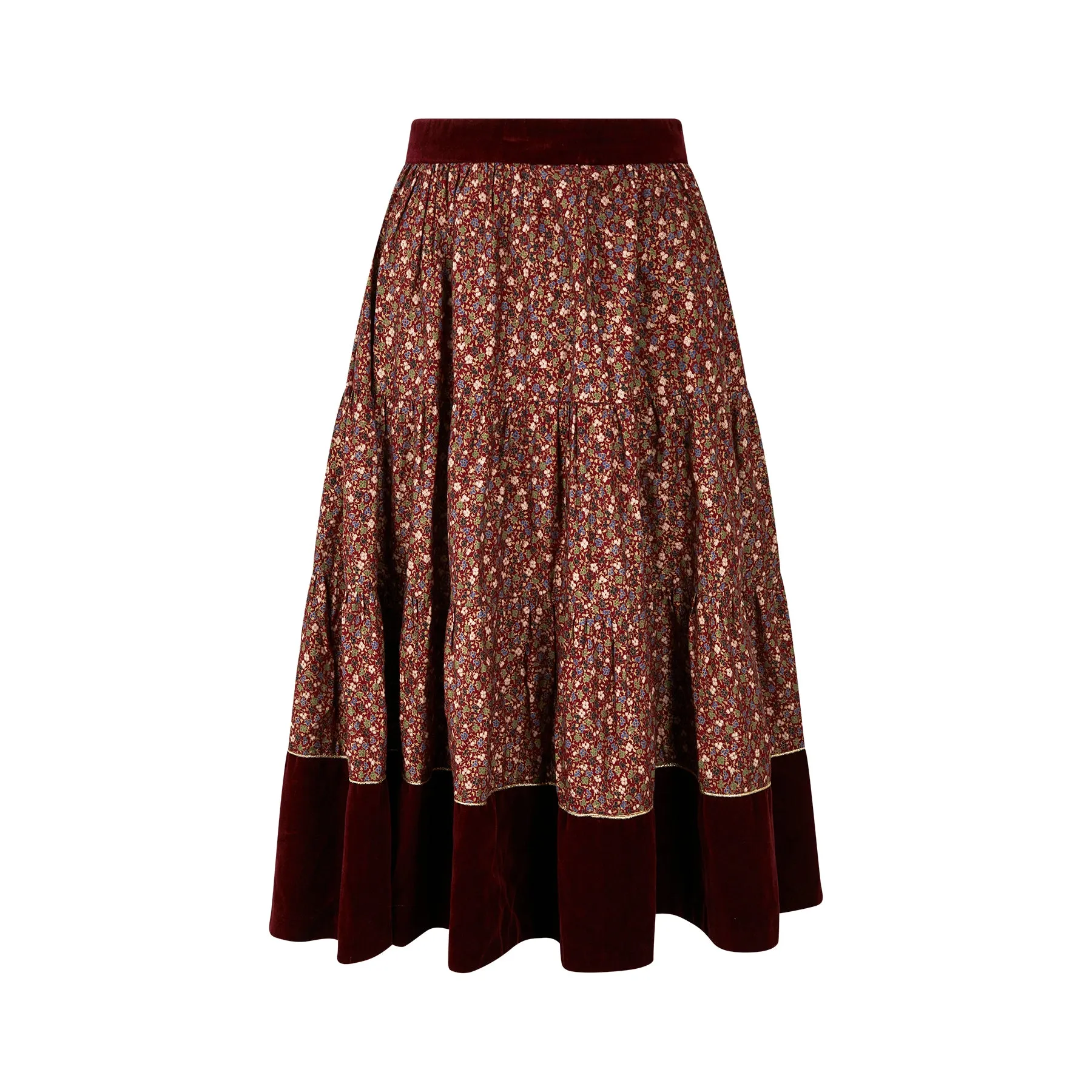 1970s Marion Donaldson Liberty Print Red Floral Cotton & Velvet Skirt