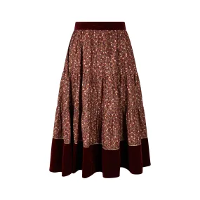 1970s Marion Donaldson Liberty Print Red Floral Cotton & Velvet Skirt