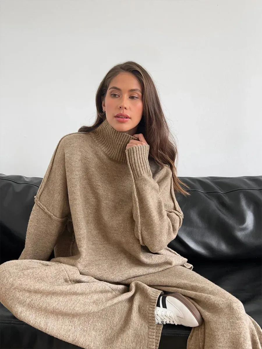 2025, Rollkragenpullover-Set für Damen, europäisch, amerikanisch, Herbst und Winter, neues lockeres, lässiges, faules, verdicktes Strickhosen-Set