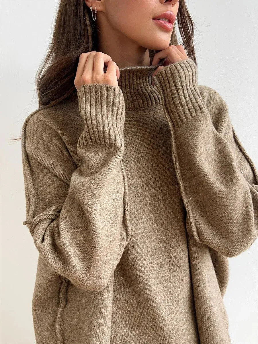 2025, Rollkragenpullover-Set für Damen, europäisch, amerikanisch, Herbst und Winter, neues lockeres, lässiges, faules, verdicktes Strickhosen-Set