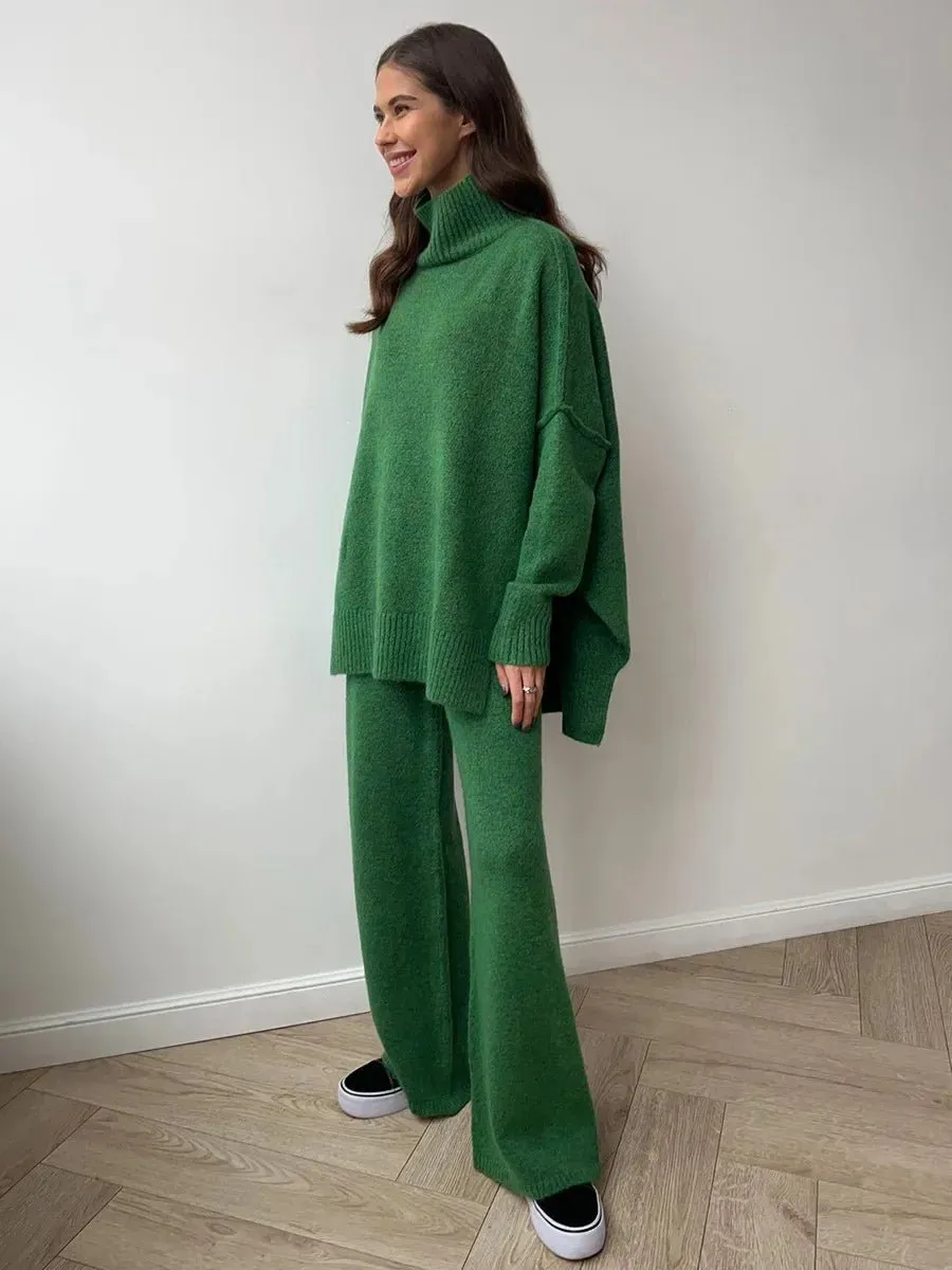 2025, Rollkragenpullover-Set für Damen, europäisch, amerikanisch, Herbst und Winter, neues lockeres, lässiges, faules, verdicktes Strickhosen-Set