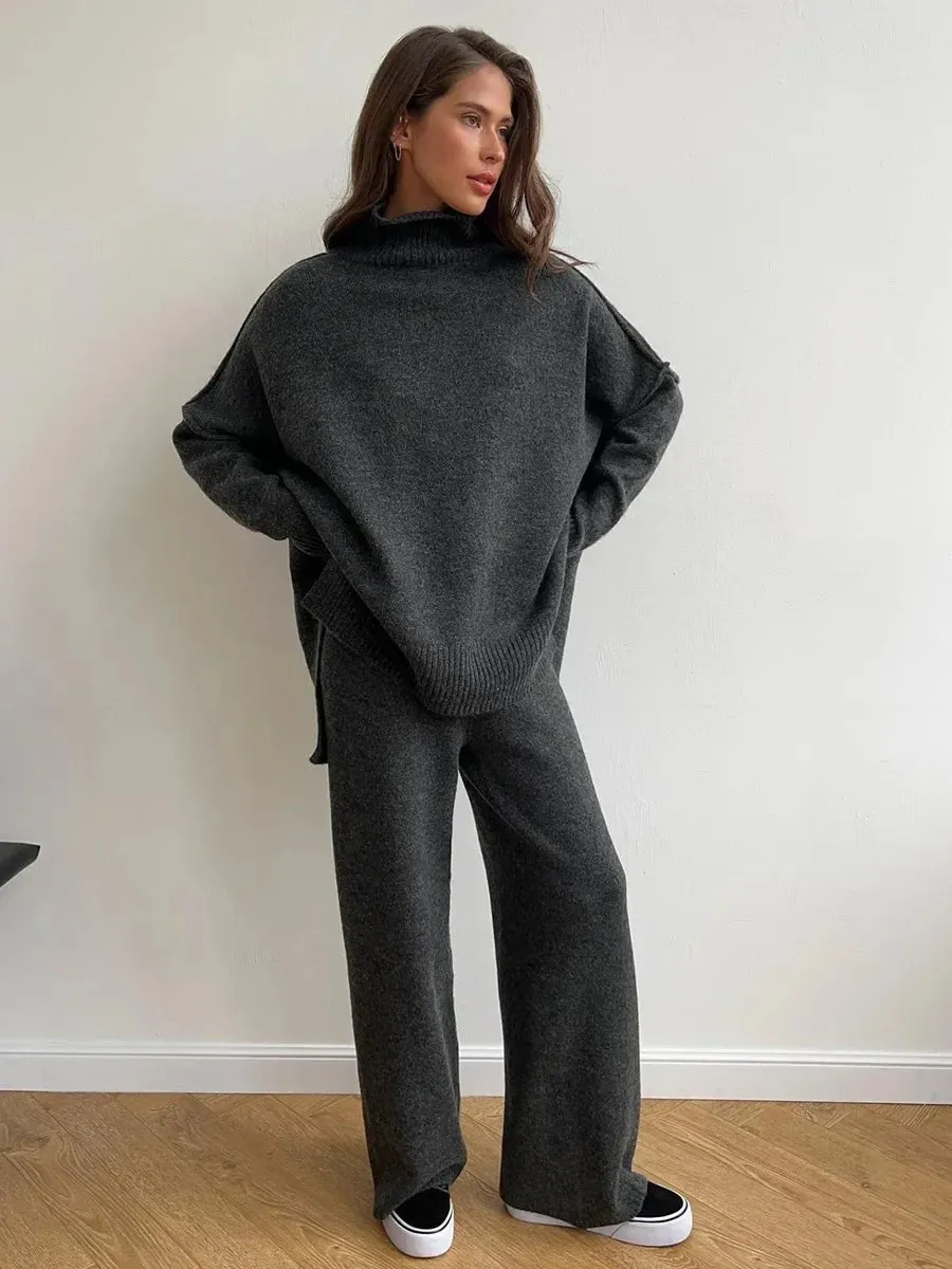 2025, Rollkragenpullover-Set für Damen, europäisch, amerikanisch, Herbst und Winter, neues lockeres, lässiges, faules, verdicktes Strickhosen-Set