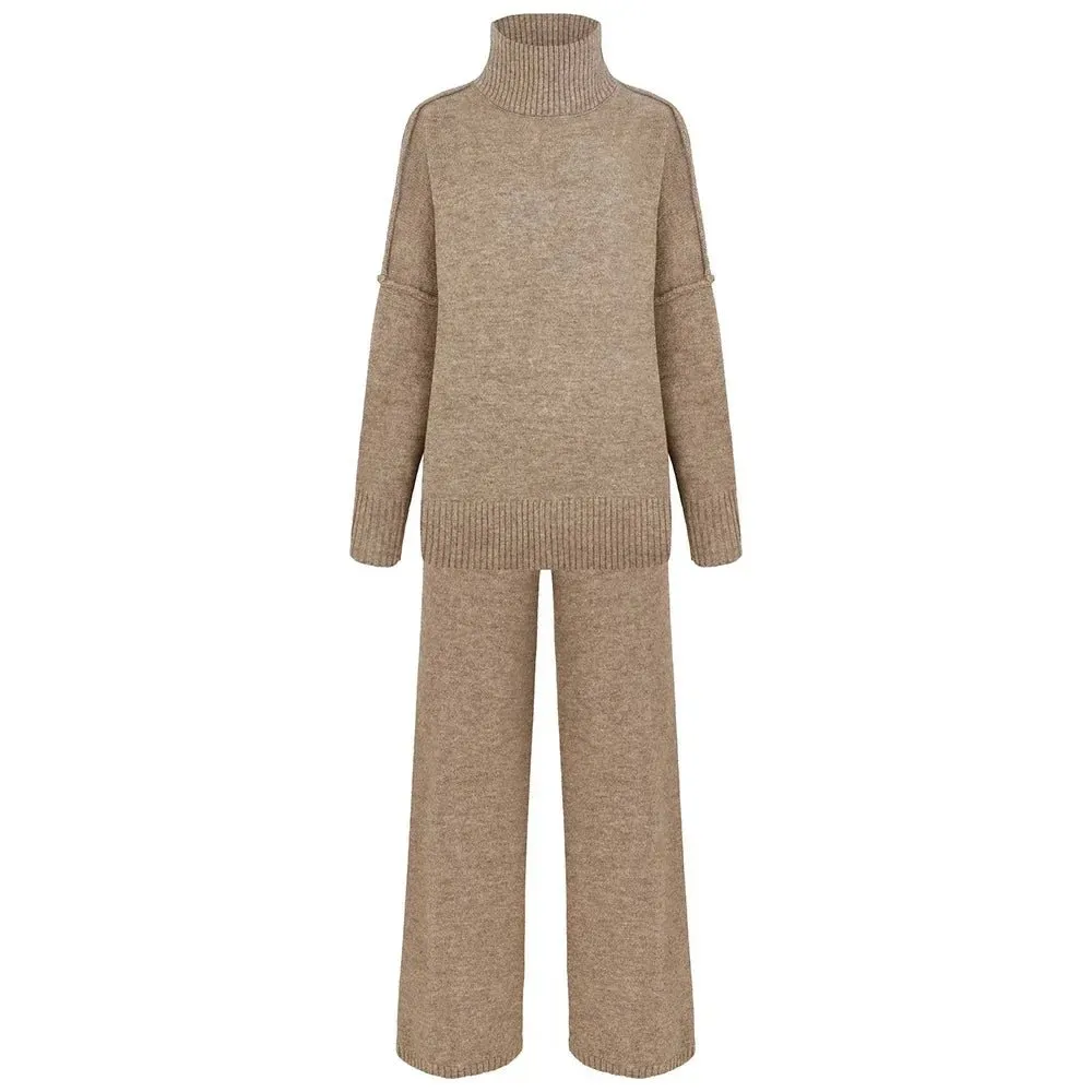 2025, Rollkragenpullover-Set für Damen, europäisch, amerikanisch, Herbst und Winter, neues lockeres, lässiges, faules, verdicktes Strickhosen-Set