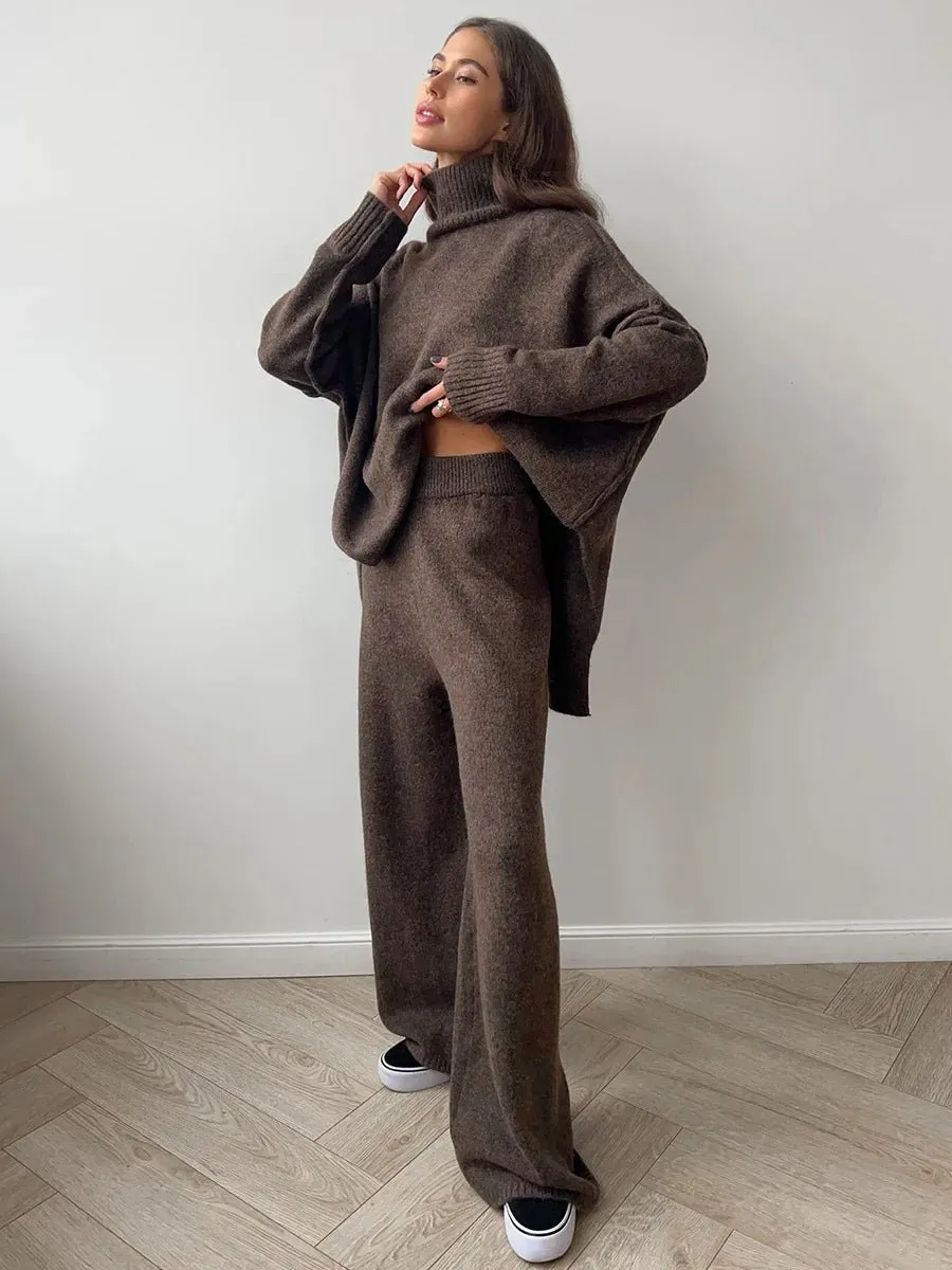 2025, Rollkragenpullover-Set für Damen, europäisch, amerikanisch, Herbst und Winter, neues lockeres, lässiges, faules, verdicktes Strickhosen-Set