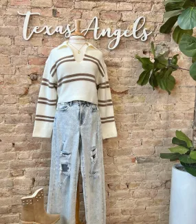 40% Off - Stick Around Ivory Striped Crop Sweater