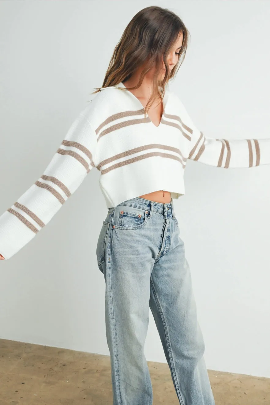 40% Off - Stick Around Ivory Striped Crop Sweater