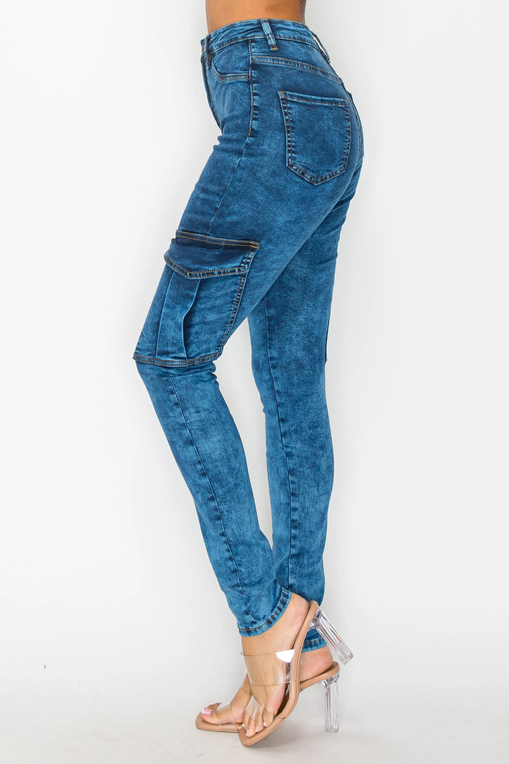 40577 Women's High Rise Acid Washed Skinny Cargo Jeans