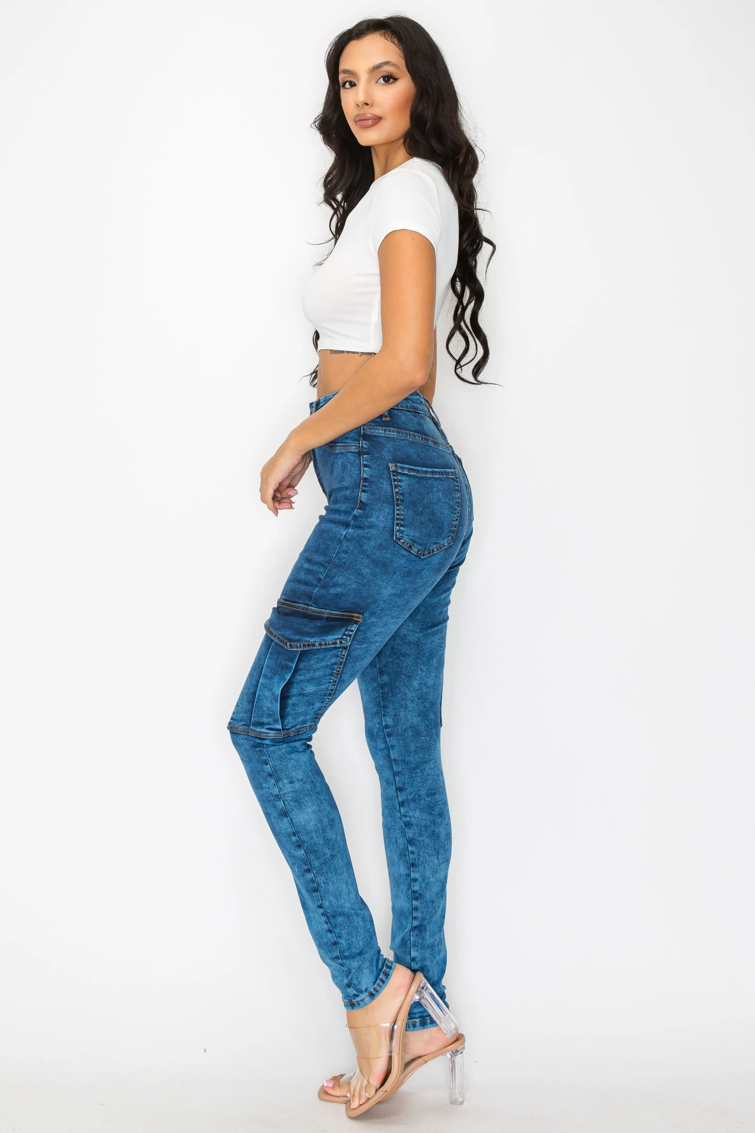 40577 Women's High Rise Acid Washed Skinny Cargo Jeans