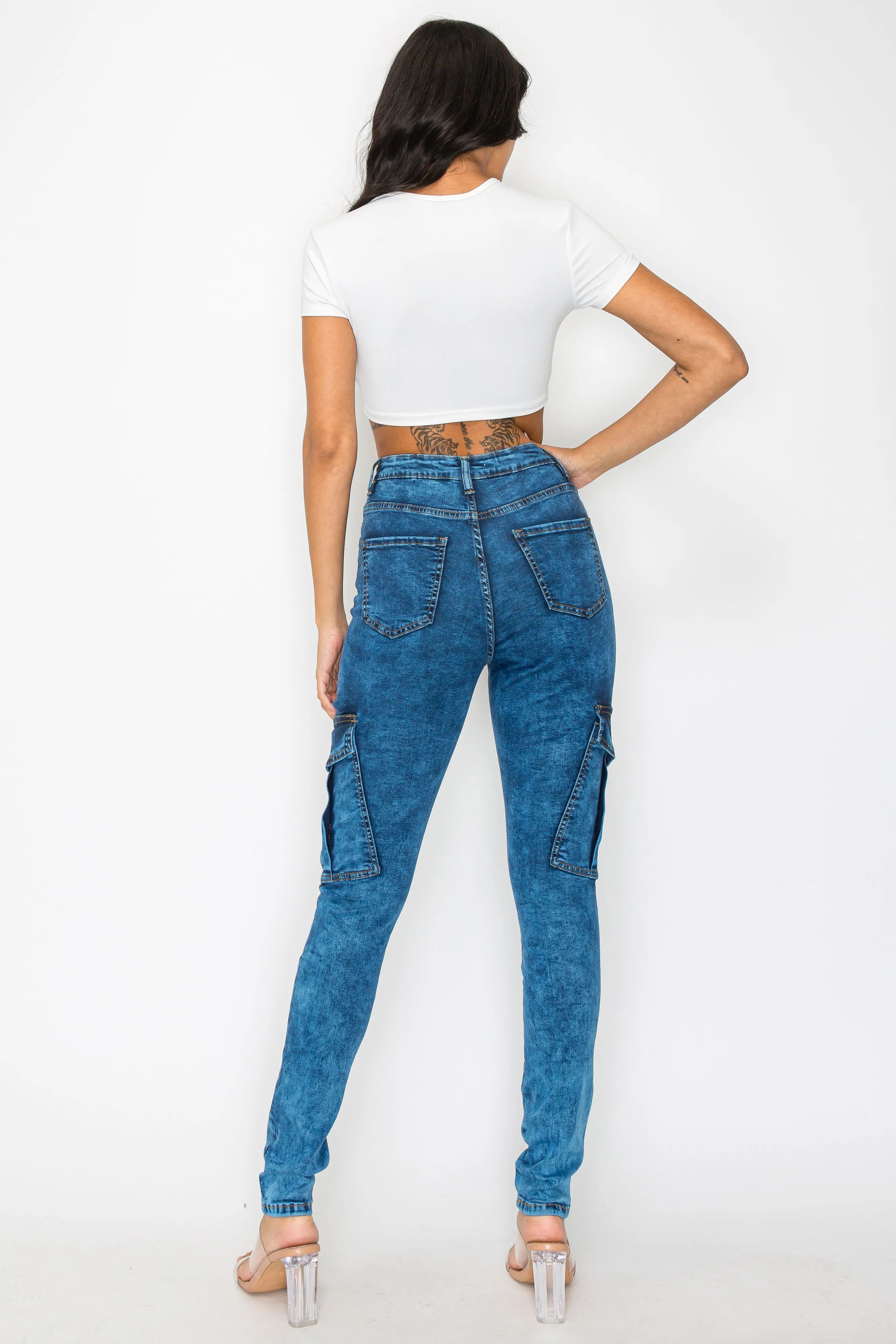 40577 Women's High Rise Acid Washed Skinny Cargo Jeans