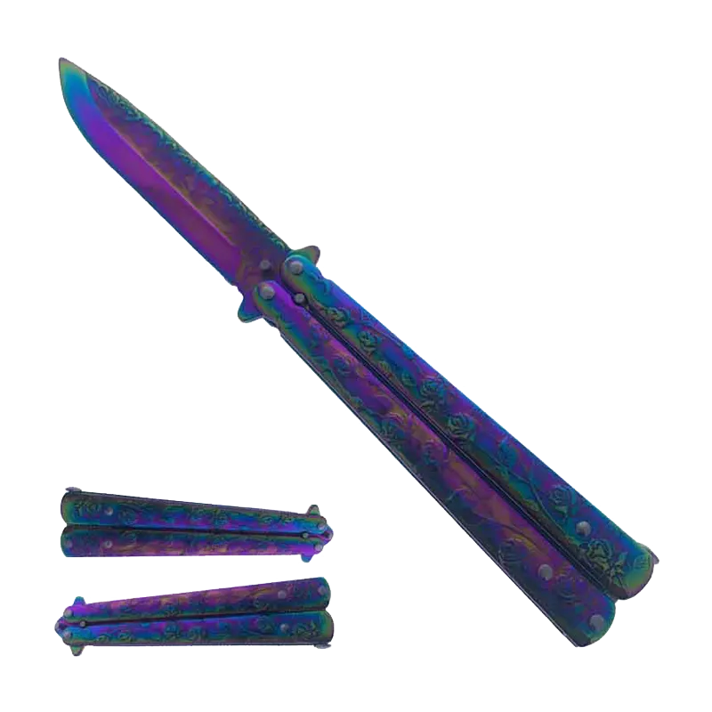 8" Rainbow Overall Practice Butterfly Knife w/Rose Engraved