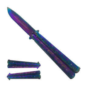 8" Rainbow Overall Practice Butterfly Knife w/Rose Engraved