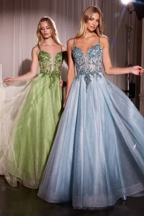 A-LINE LAYERED TULLE GOWN & LACE EMBELLISHED BODICE