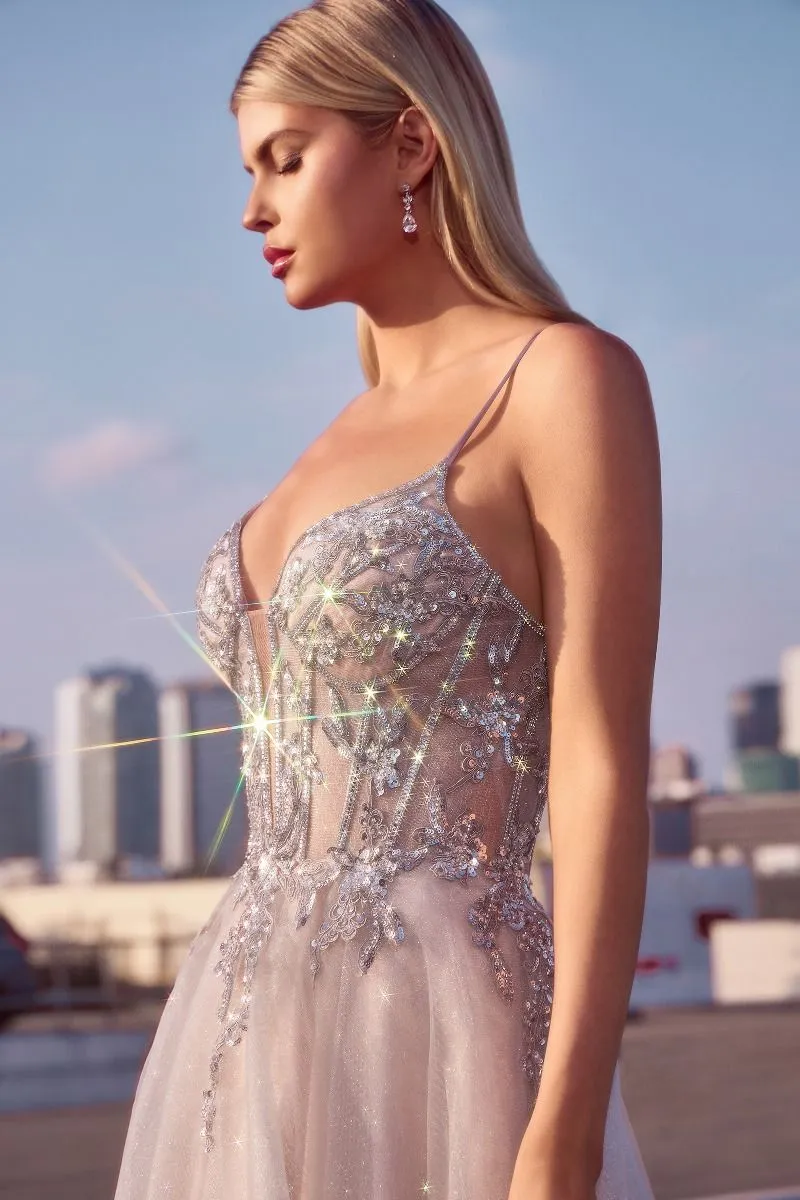 A-LINE LAYERED TULLE GOWN & LACE EMBELLISHED BODICE