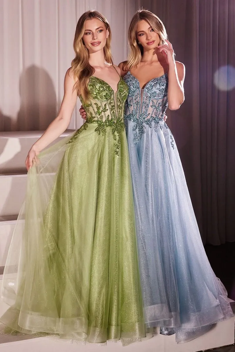 A-LINE LAYERED TULLE GOWN & LACE EMBELLISHED BODICE