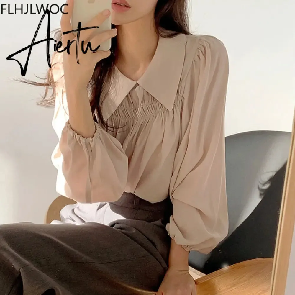 Aiertu Chic Korea Japanese Fenimine Clothes Women New Design Long Sleeve Solid Retro Vintage Black Pink Cute Tops And Blouses
