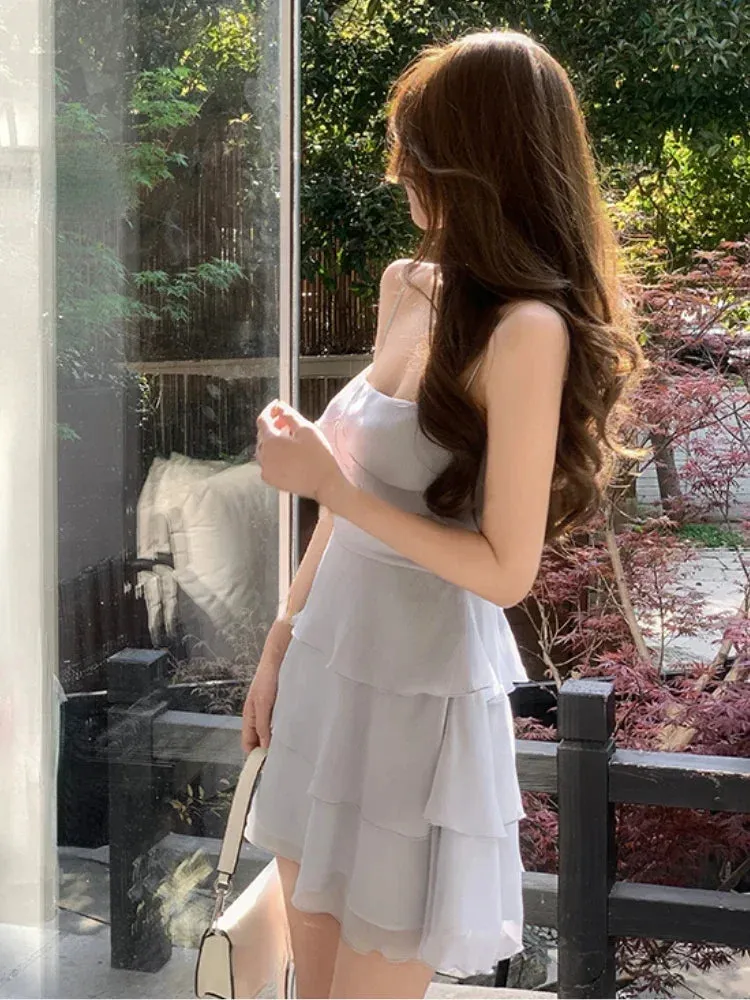 Aiertu Summer Elegant Formal Mini Dress Women Basic Sleeveless Chiffon Strap Dress Female Y2k Short Party Dress Solid Korean Chic