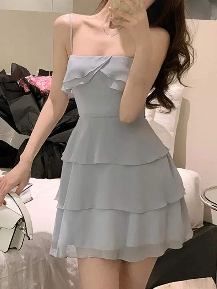 Aiertu Summer Elegant Formal Mini Dress Women Basic Sleeveless Chiffon Strap Dress Female Y2k Short Party Dress Solid Korean Chic