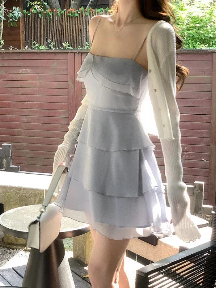 Aiertu Summer Elegant Formal Mini Dress Women Basic Sleeveless Chiffon Strap Dress Female Y2k Short Party Dress Solid Korean Chic