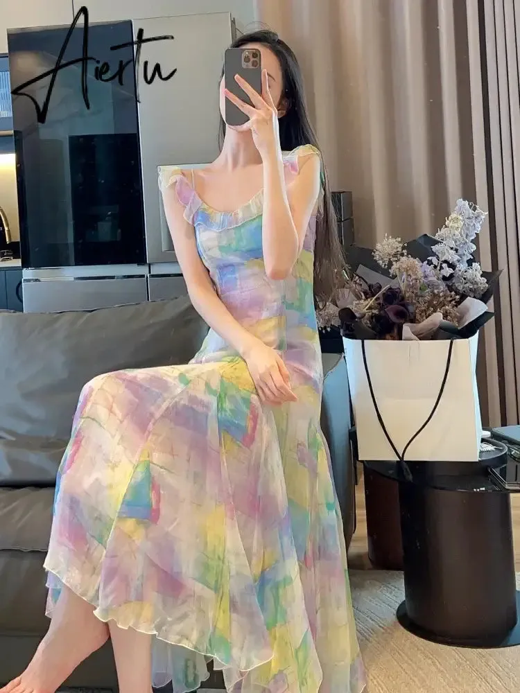 Aiertu Summer Even Party Midi Dress Women Sleeveless Casual Formal Strap Dress Office Lady Elegant Beach Dress Korean Style Chic