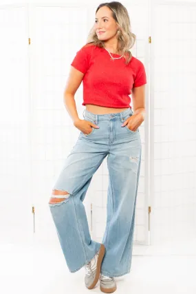 All About Red Short Sleeve Ribbed Crop Sweater