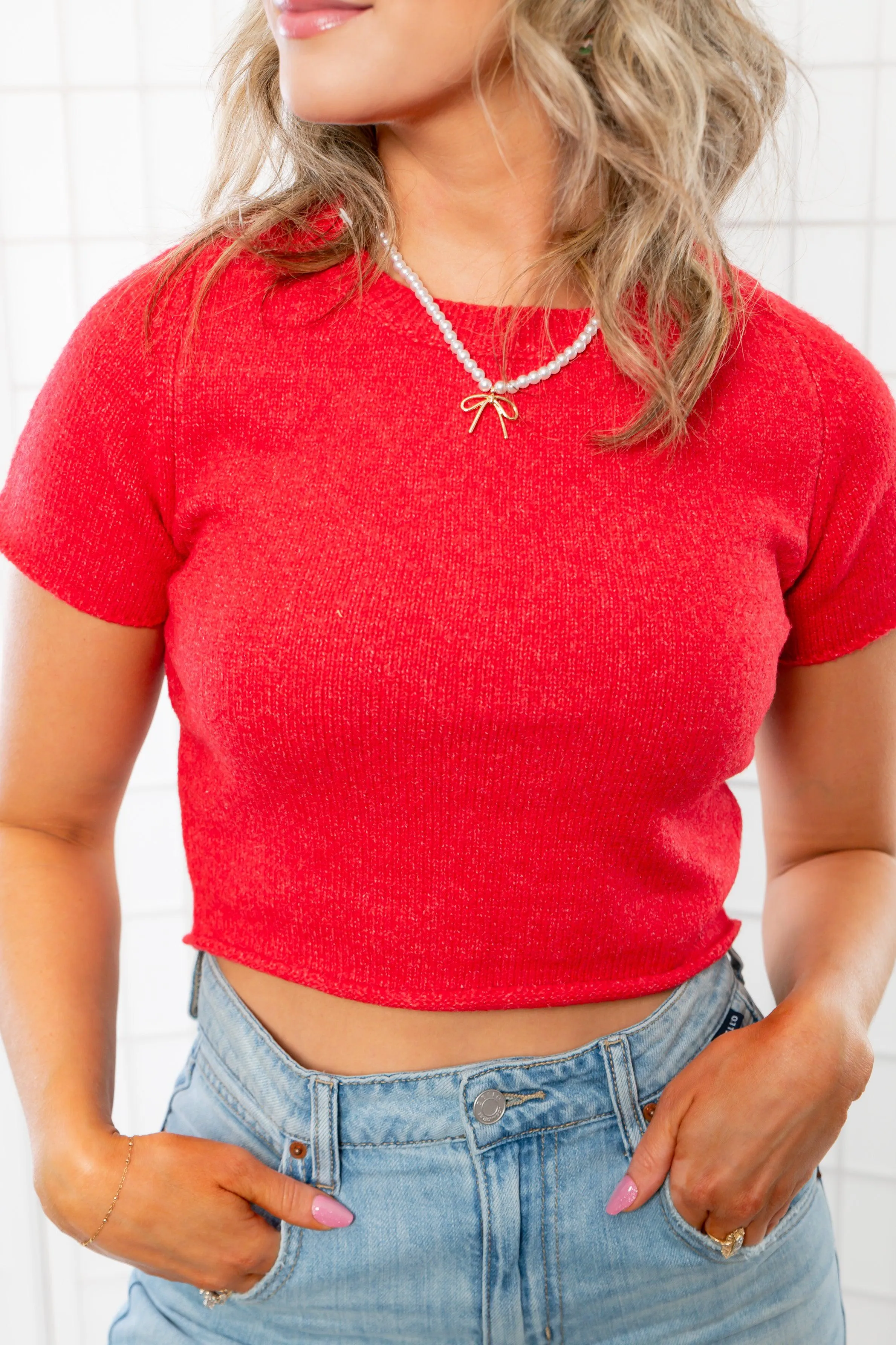 All About Red Short Sleeve Ribbed Crop Sweater