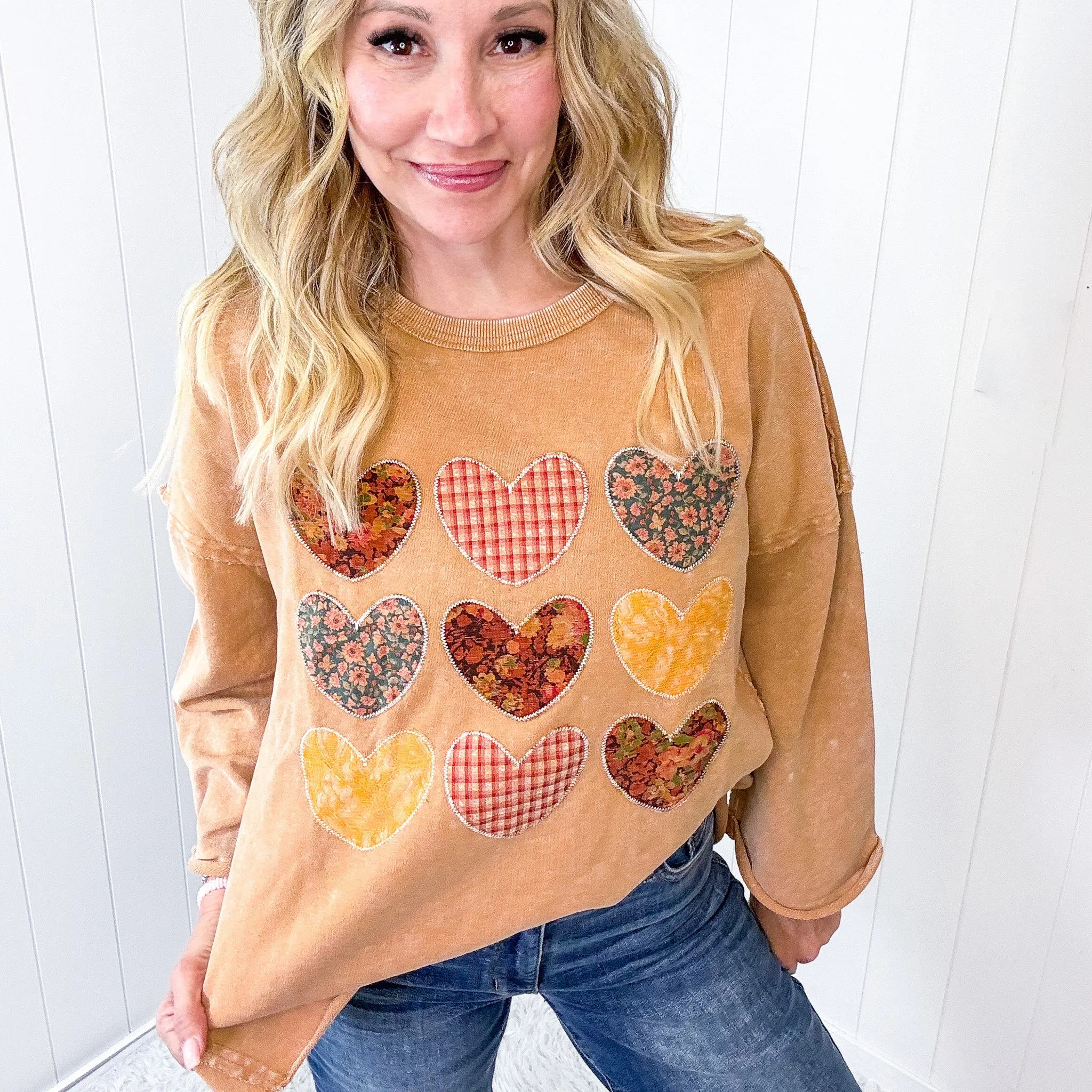 All Hearts Aglow Mineral Wash Patch Terry Knit Pullover In 3 Options