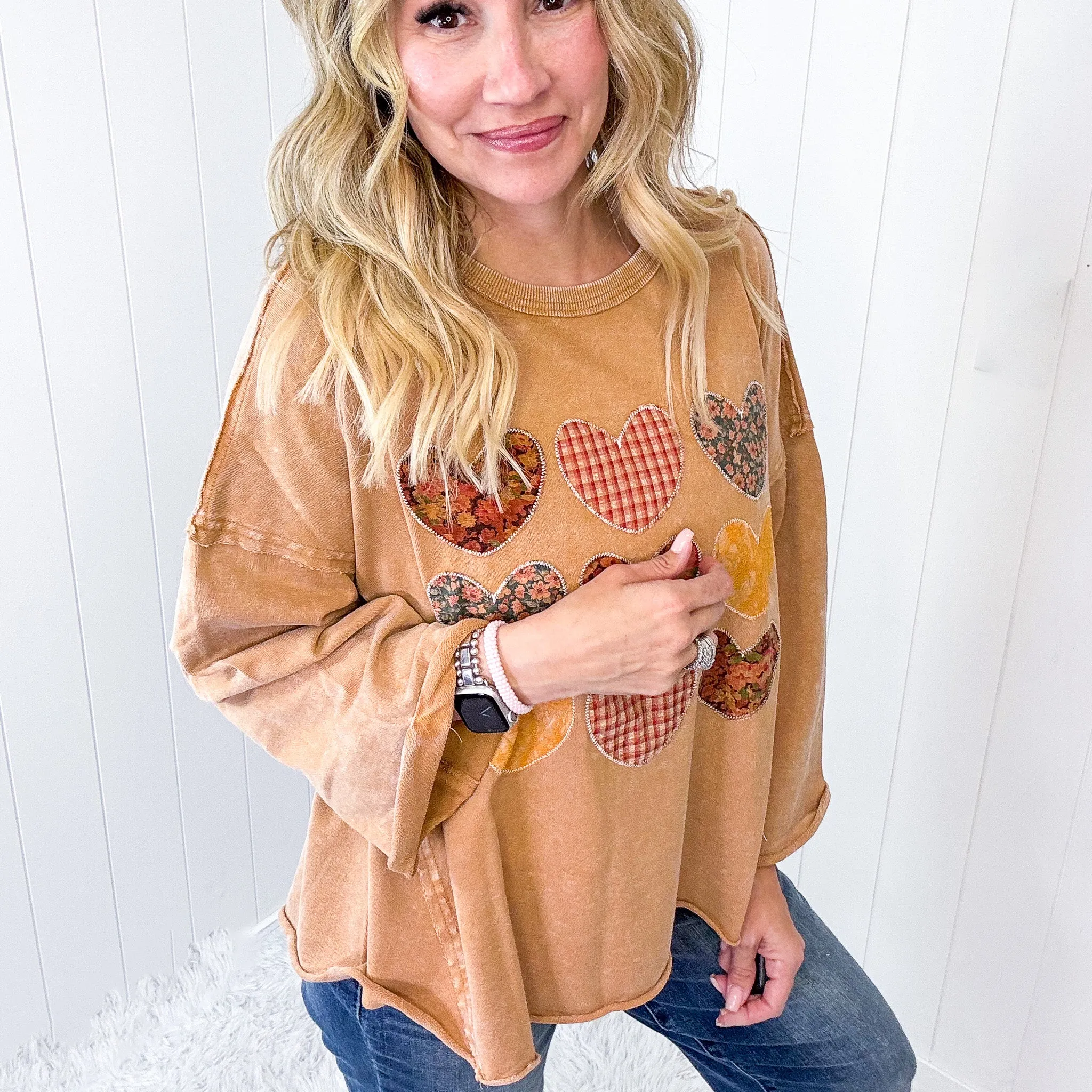 All Hearts Aglow Mineral Wash Patch Terry Knit Pullover In 3 Options