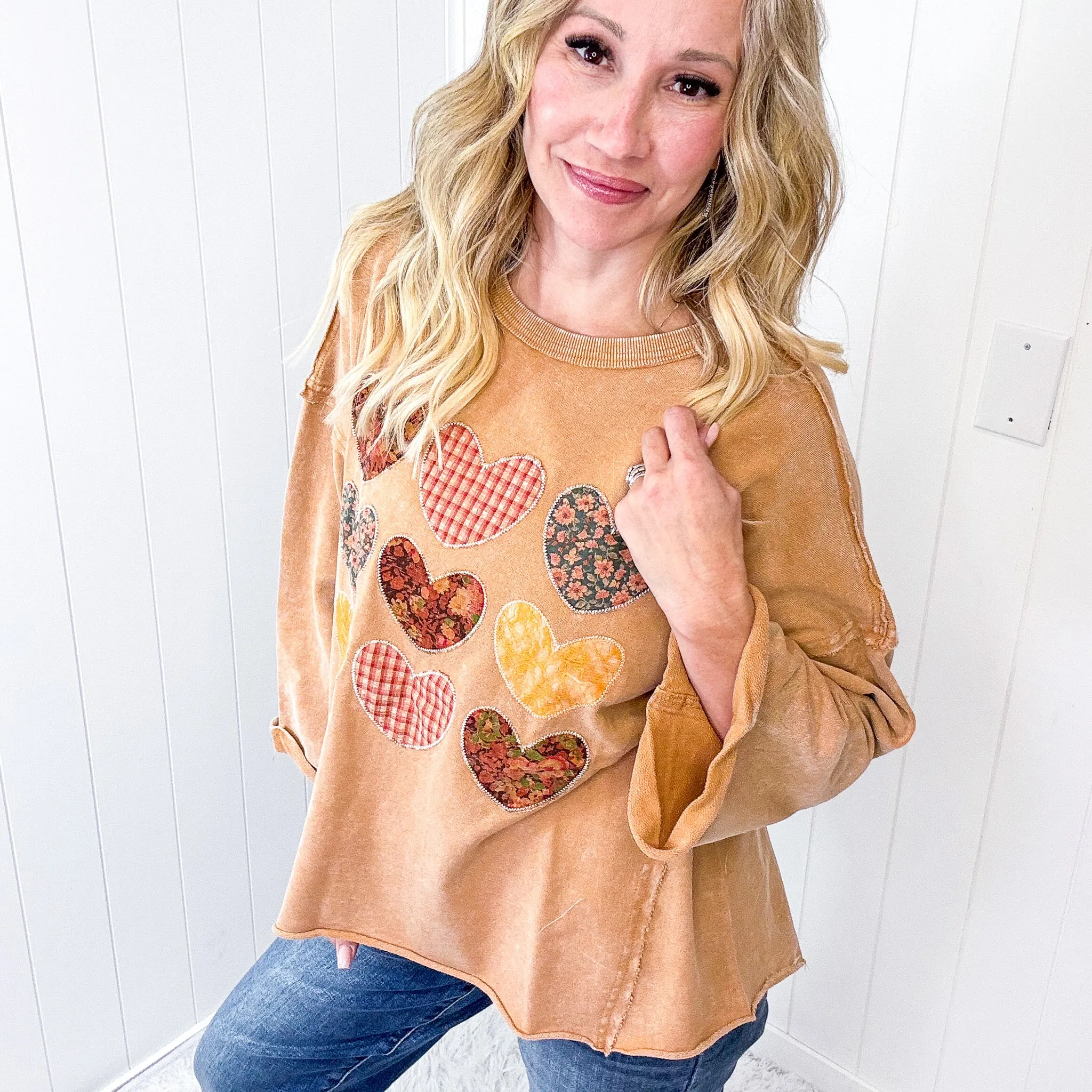All Hearts Aglow Mineral Wash Patch Terry Knit Pullover In 3 Options