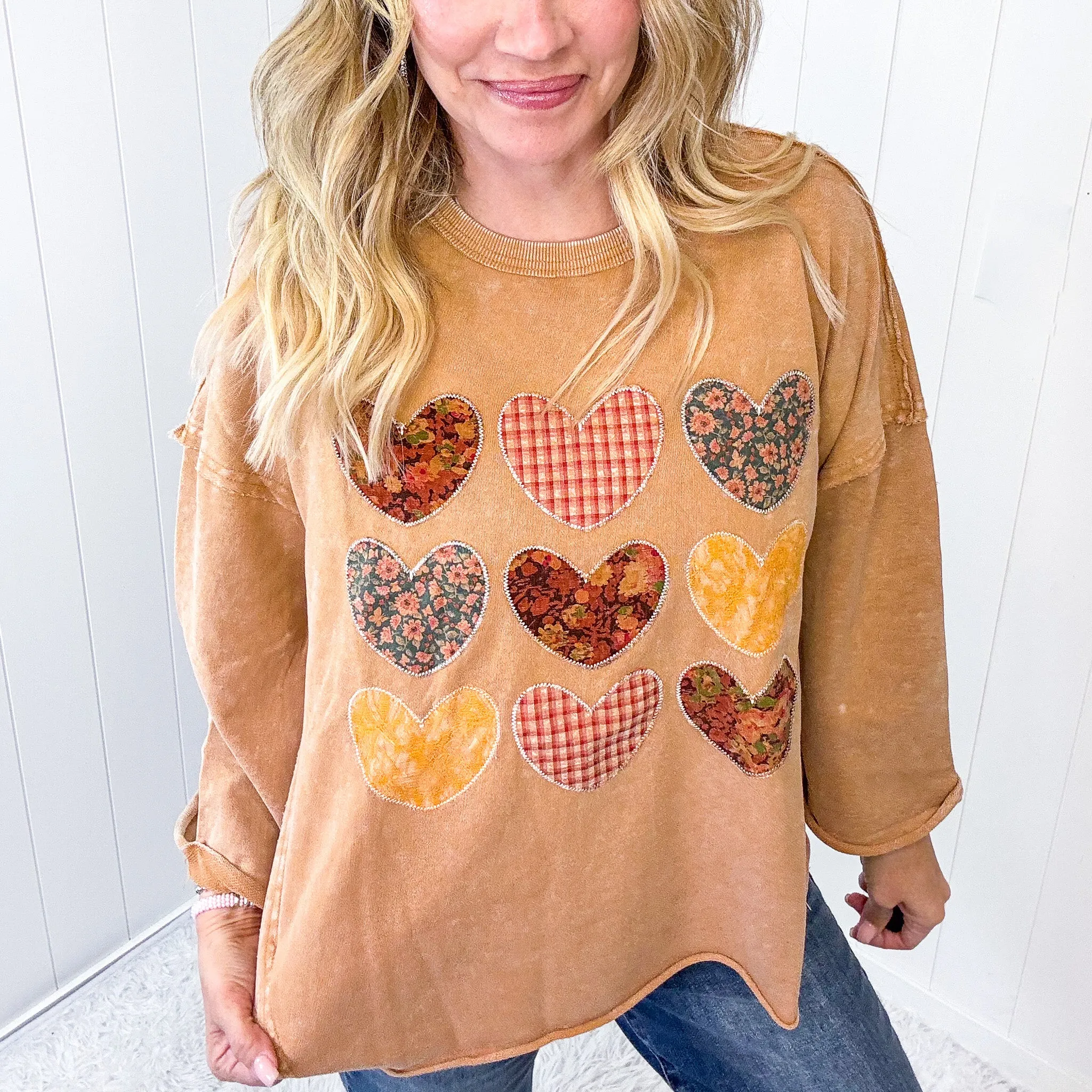 All Hearts Aglow Mineral Wash Patch Terry Knit Pullover In 3 Options