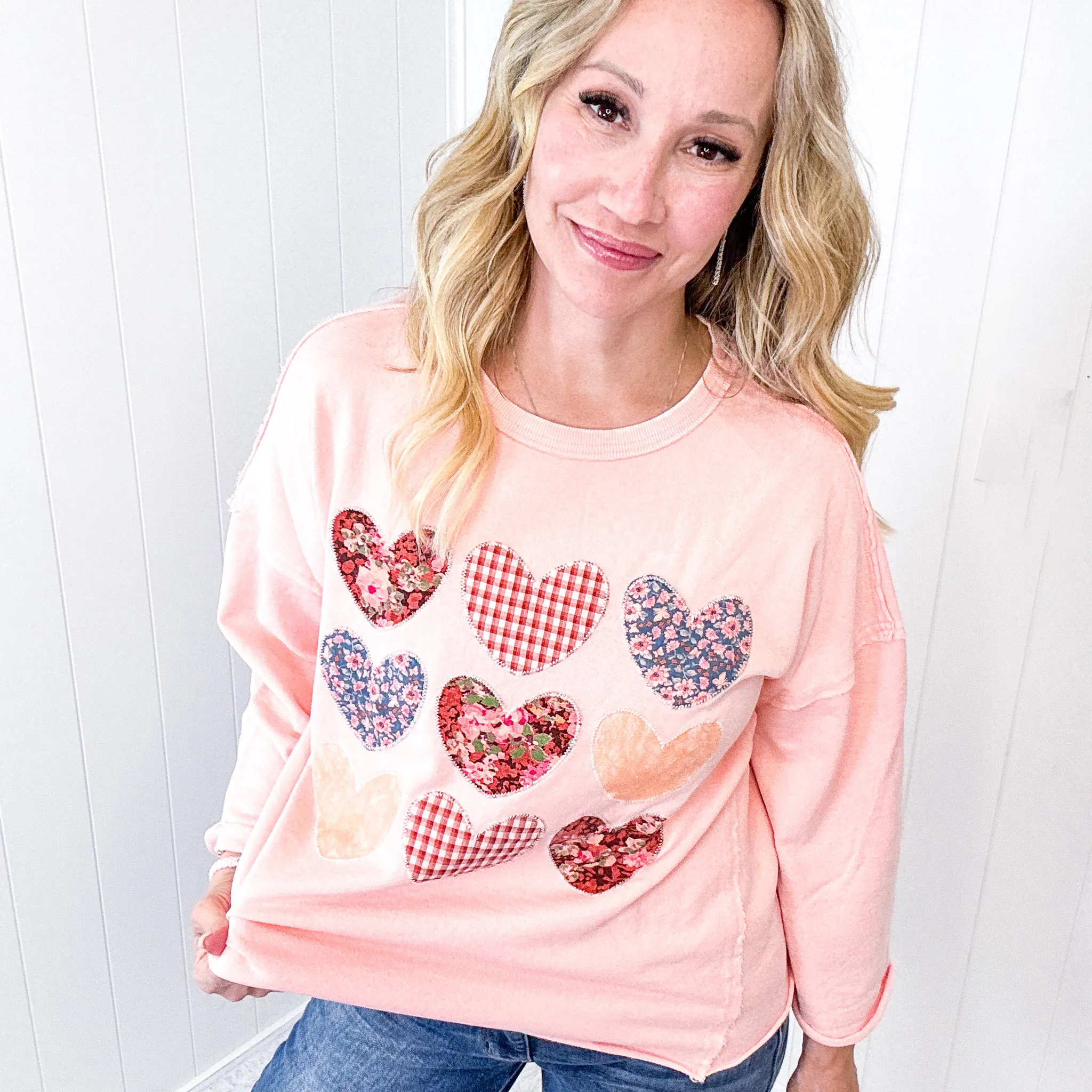 All Hearts Aglow Mineral Wash Patch Terry Knit Pullover In 3 Options