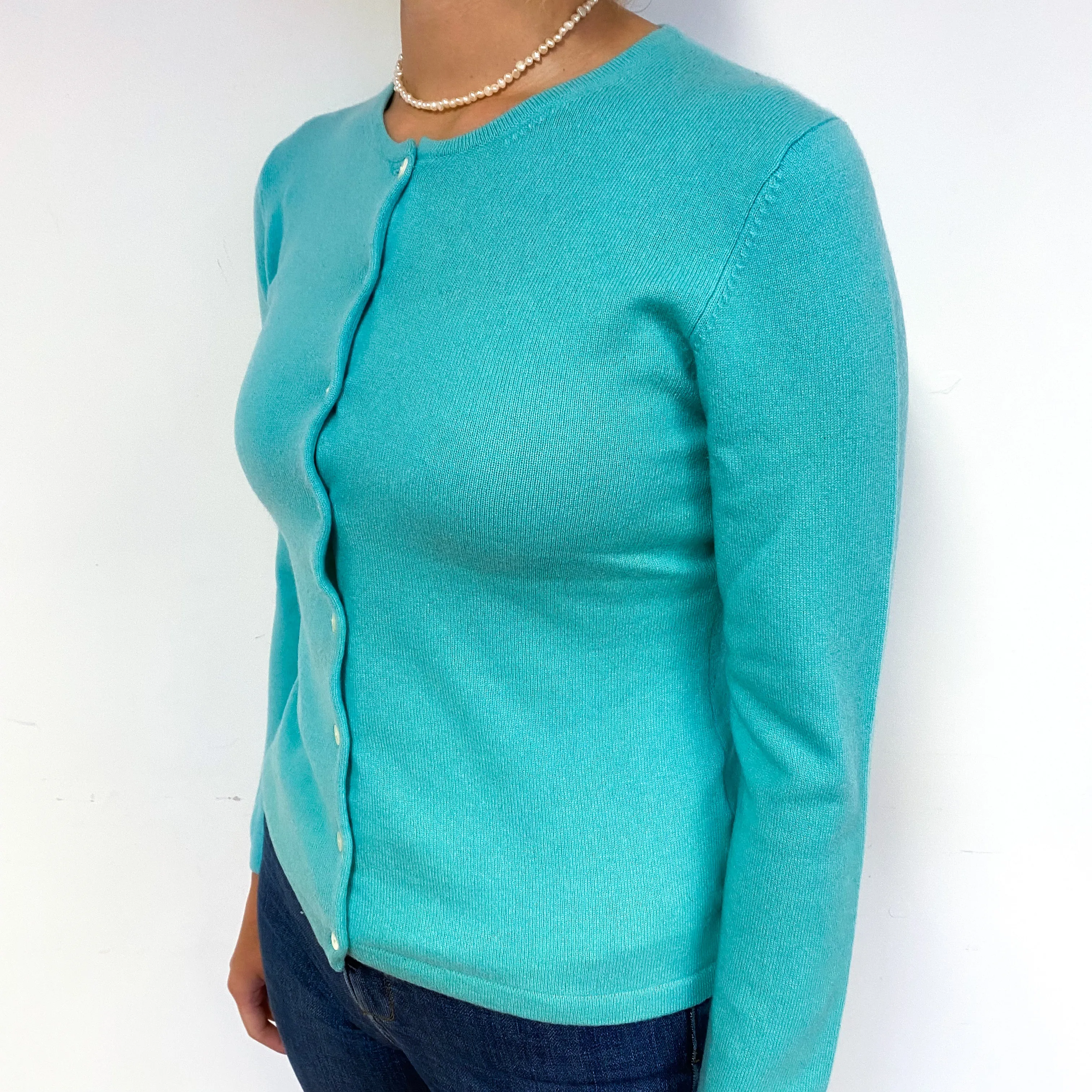 Aqua Green Cashmere Crew Neck Cardigan Small