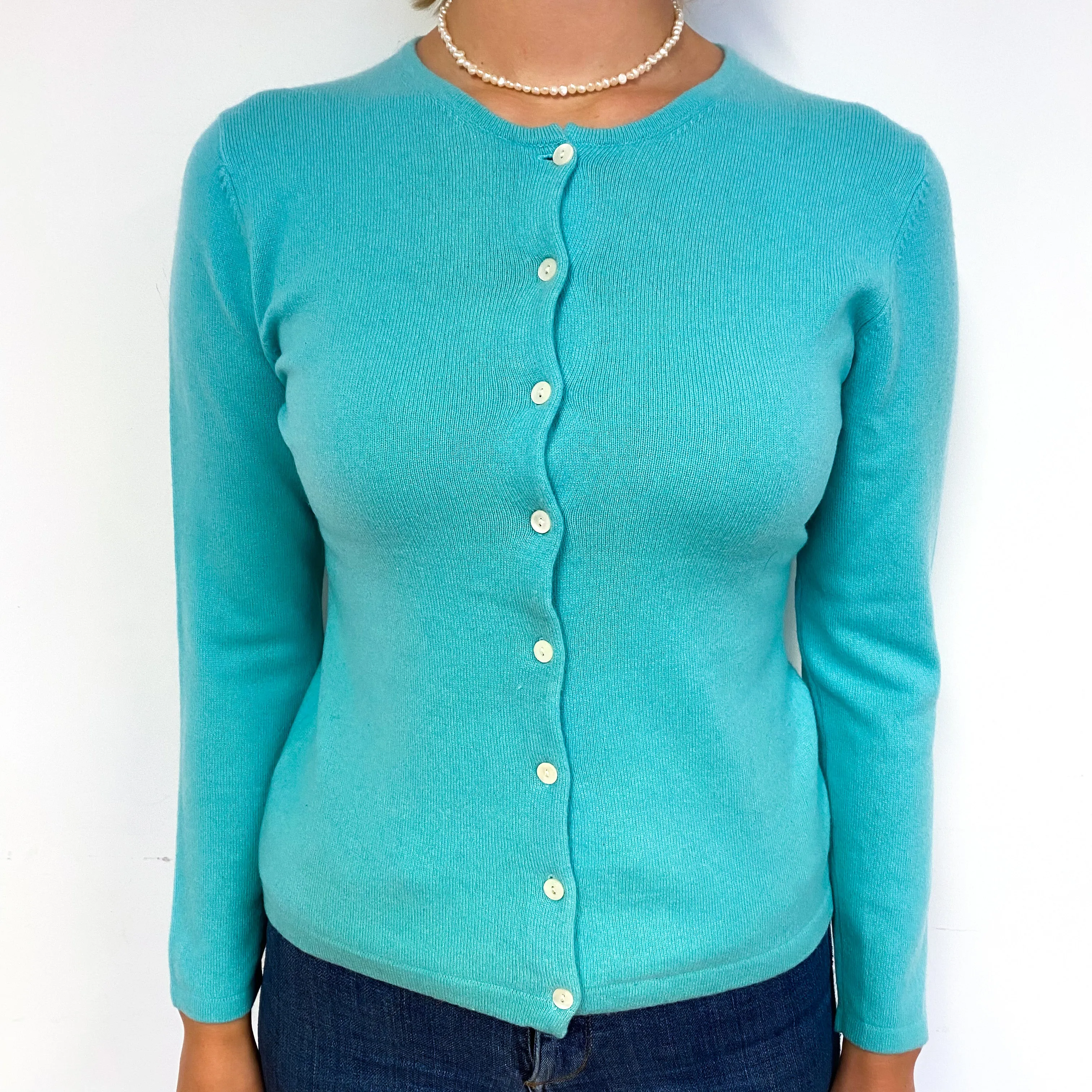 Aqua Green Cashmere Crew Neck Cardigan Small
