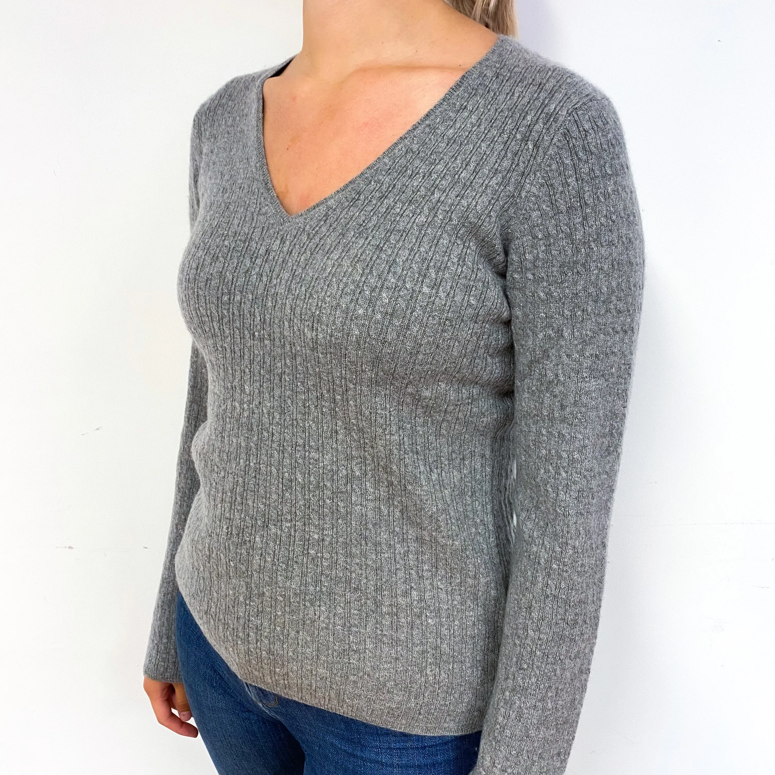 Ash Grey Cable Cashmere V-Neck Jumper Small