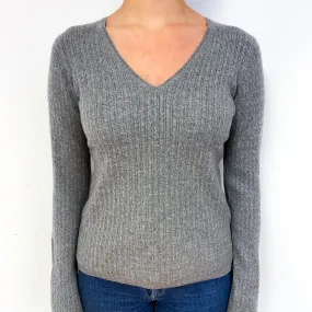 Ash Grey Cable Cashmere V-Neck Jumper Small