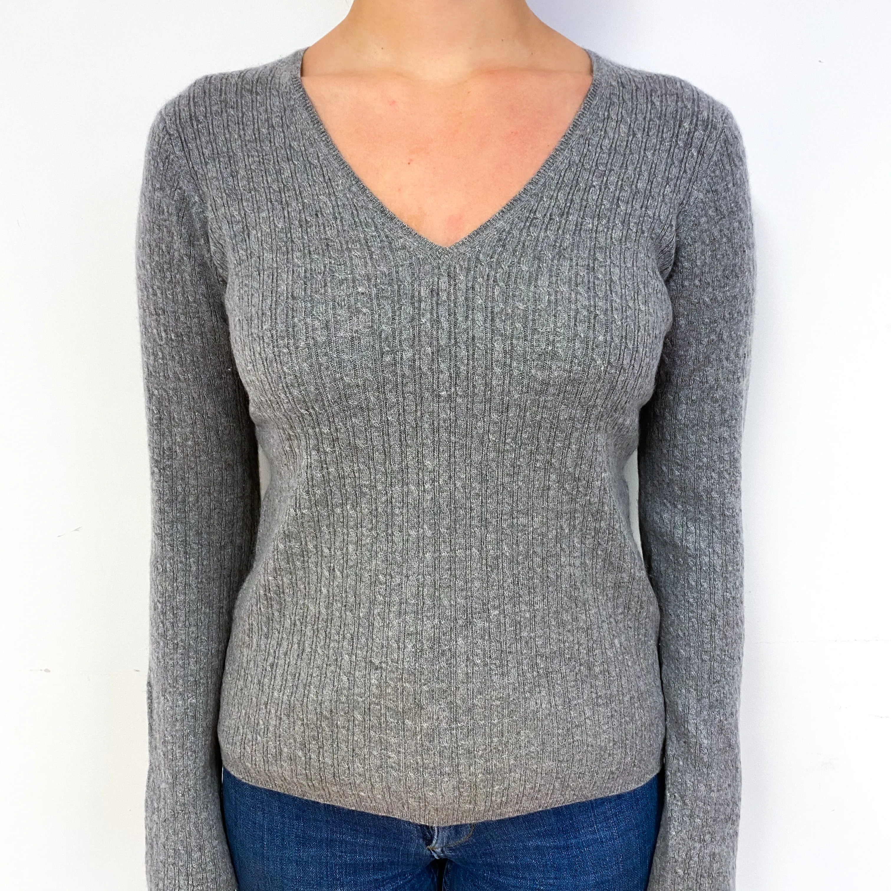 Ash Grey Cable Cashmere V-Neck Jumper Small