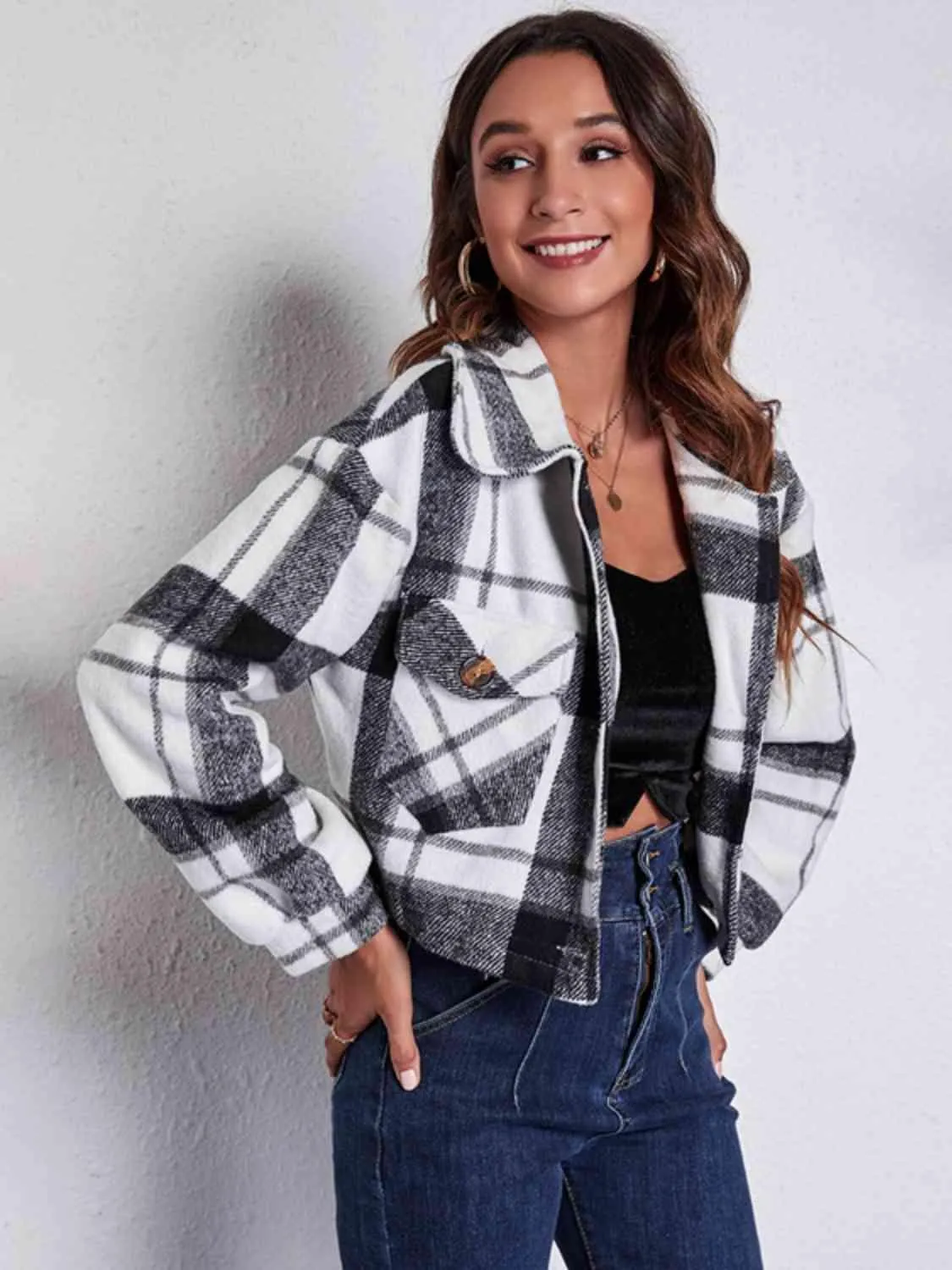 Autumn Fashionista Plaid Cropped Shirt Jacket