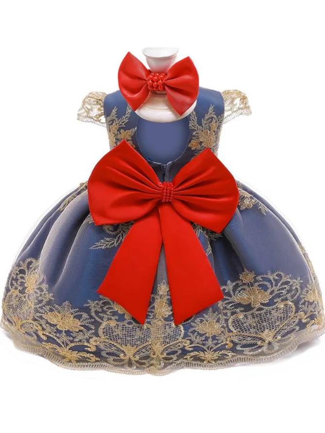 Baby Floral Lace Embroidery Beaded Dress With Bow Dress