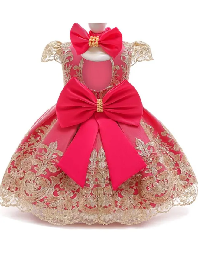 Baby Floral Lace Embroidery Beaded Dress With Bow Dress