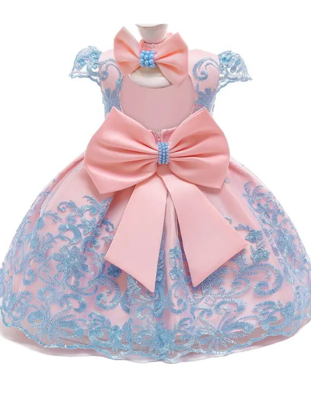 Baby Floral Lace Embroidery Beaded Dress With Bow Dress
