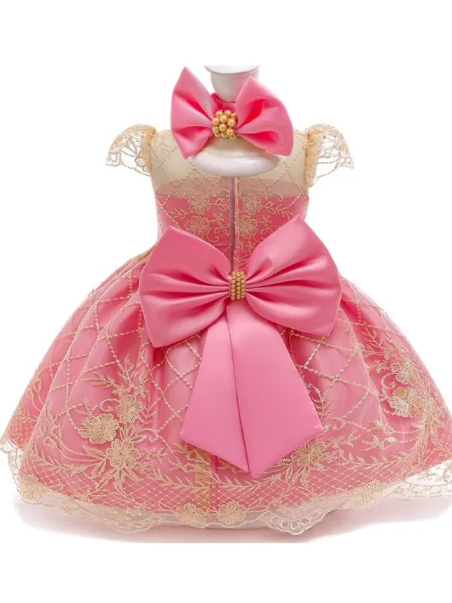 Baby Floral Lace Embroidery Beaded Dress With Bow Dress