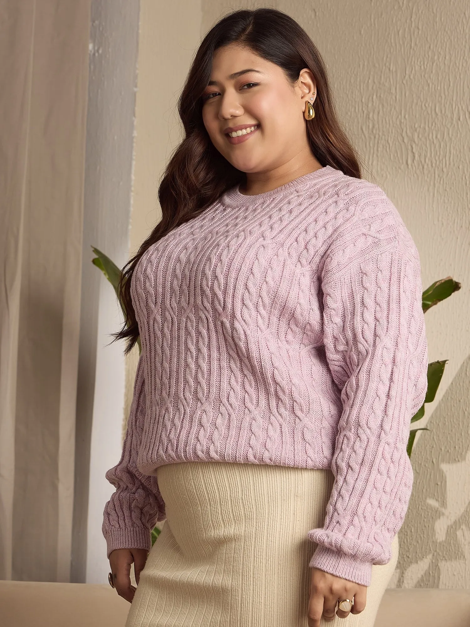 Berrylush Curve Women Solid Purple Round Neck Acrylic Cable Knitted Ribbed Hem Regular Pullover