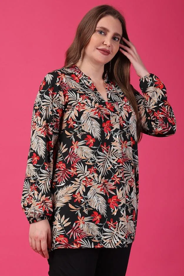 Black & Red Floral Printed Centre Pleated Top