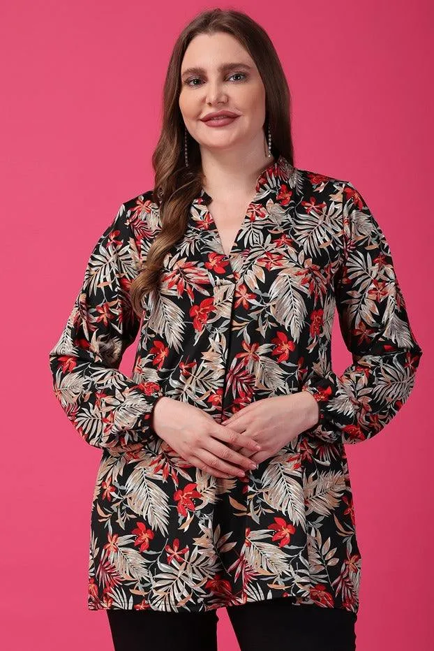 Black & Red Floral Printed Centre Pleated Top