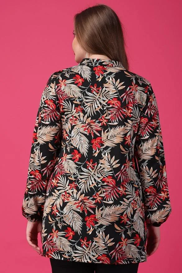 Black & Red Floral Printed Centre Pleated Top