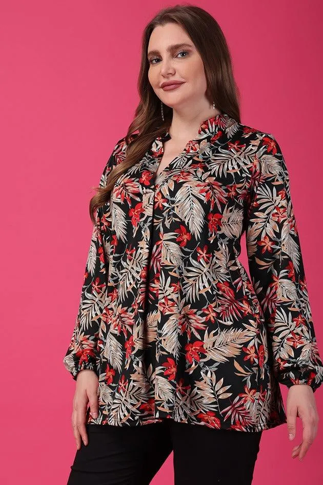 Black & Red Floral Printed Centre Pleated Top