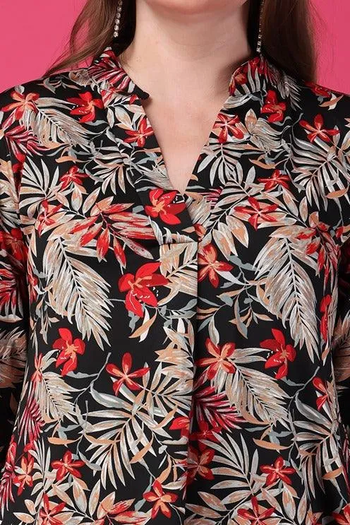 Black & Red Floral Printed Centre Pleated Top