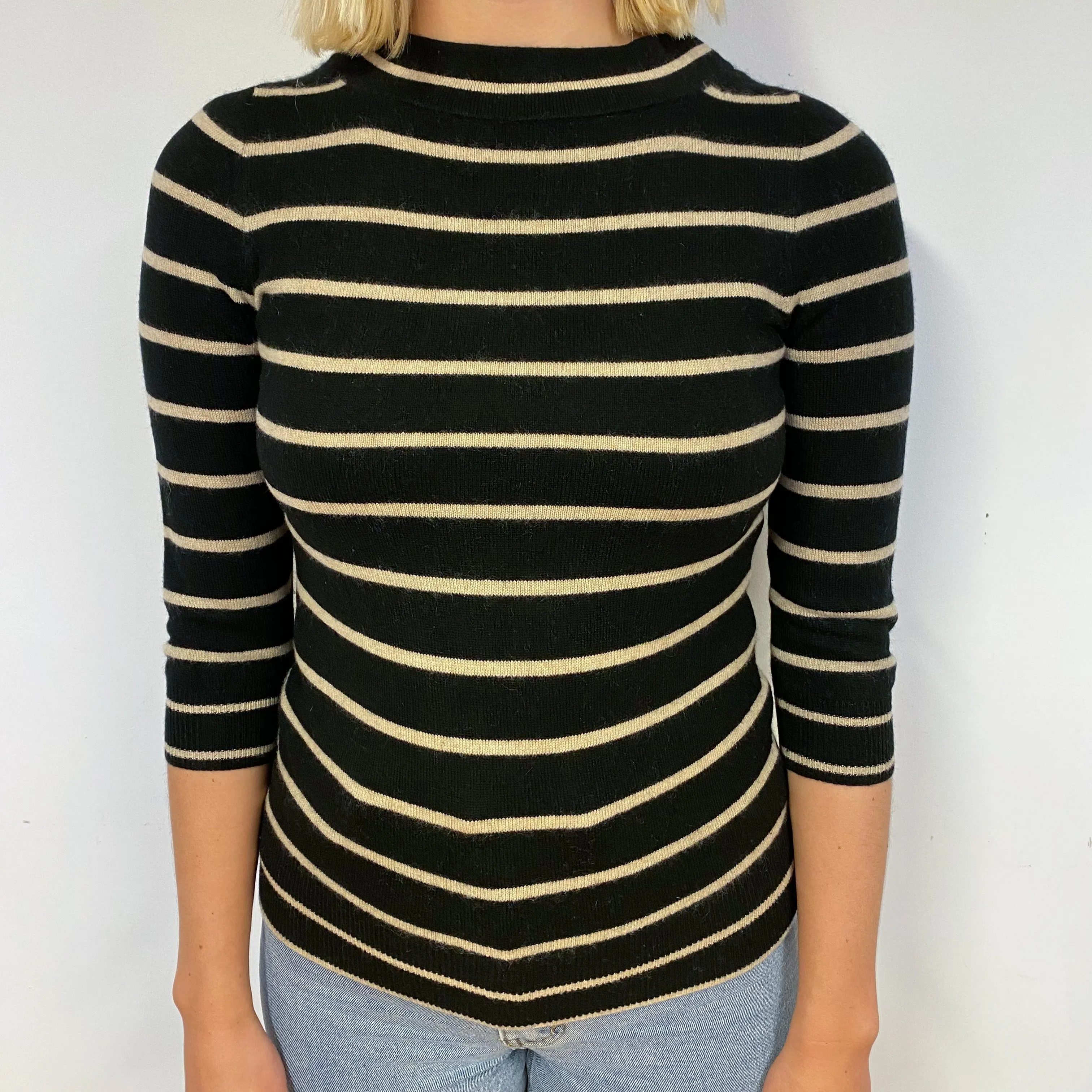 Black Cashmere Italian Striped Crew Neck Jumper